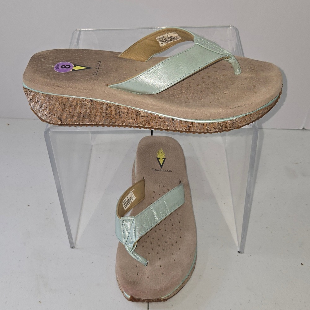 Volatile Womens Wedge Flip Flops Mint Green Leather Cork Platform Sandals Size 8